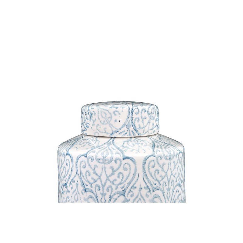 Tall Decorative Ceramic Ginger Jar with Lid Blue and White Floral Pattern, 13" H x 8.5" W x 8.5" D
