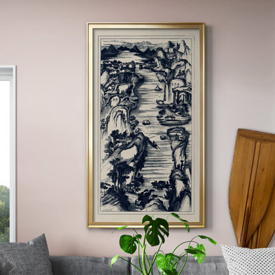 Vue d'oiseau chinois en bleu marine II - Peinture sur toile encadrée