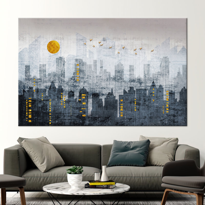 Art abstrait sur toile de paysage urbain - affiche de paysage de décor de bureau moderne, H 24 po x l 35 po, Toile tendue
