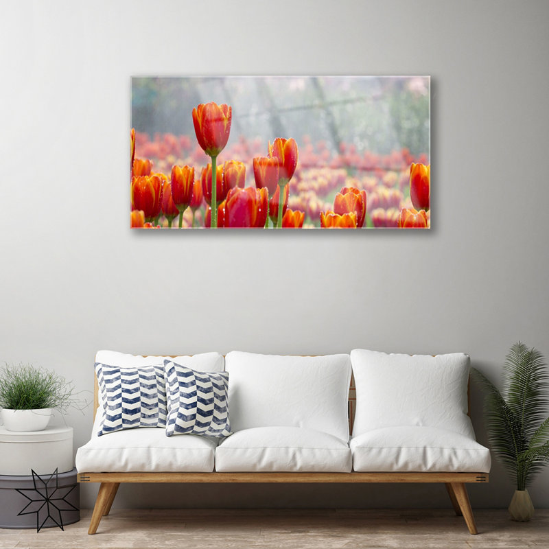 Glass Print Wall Art 100X50cm Image Printed On Glass Decorative Wall Picture Behind Toughened / Tempered Safety Real Glass For Kitchen & Living Room Theme: Tulips Floral