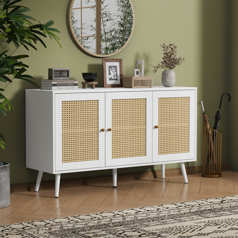 Armoire d'entrée moderne en rotin - Buffet 47,2 po avec tablettes réglables, 3 portes pour le rangement dans le couloir, la cuisine, la salle à manger ou le salon - meubles d'appoint Boho, blanc