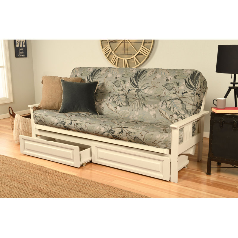 Stratford Full-Size Futon Frame Includes Storage Drawers and Mattress, Antique White, Takara Rain, Premium Pocket Coil