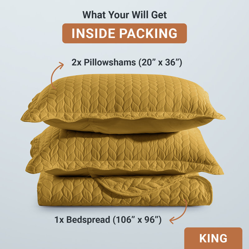 Oxford Homeware Embossed Microfiber Queen Bedspread Set - Soft and Oversized Bedding Set with Matching Shams, Ochre