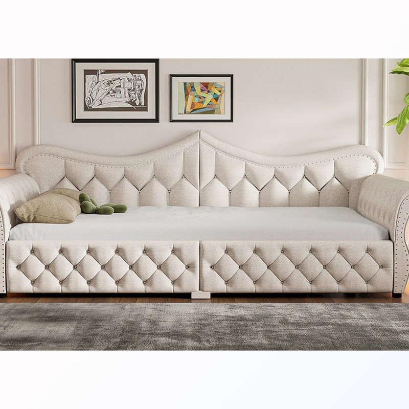 Queen Size Upholstered Daybed with LED and Nail Decoration, Beige