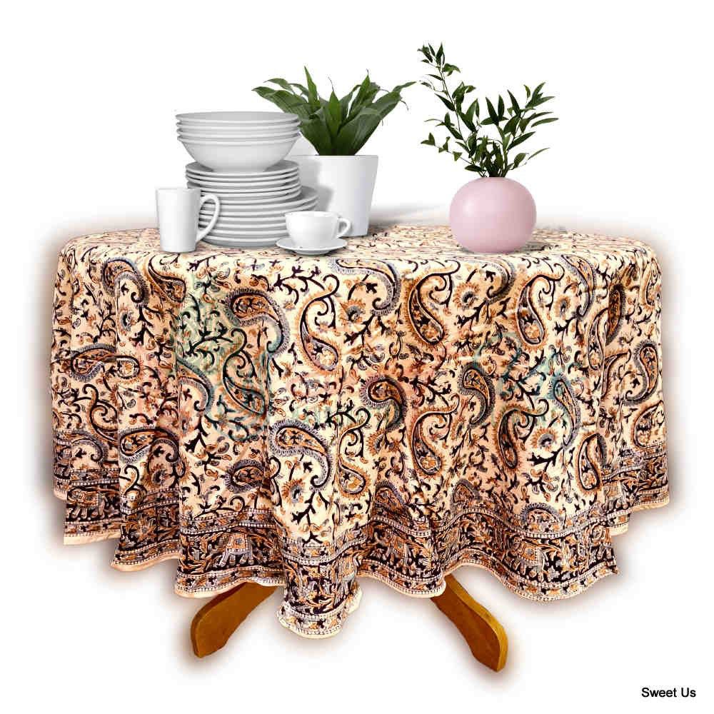 Block Print Floral Cotton Round Tablecloth Bungalow Rose 