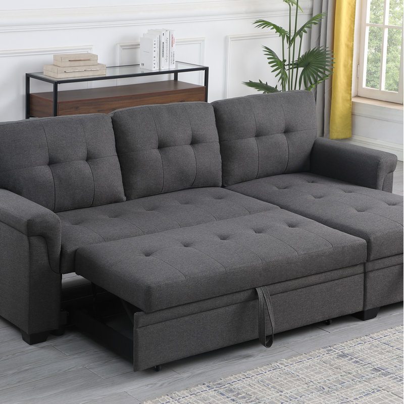 Canapé-lit modulaire réversible en lin avec méridienne avec rangement, Lin gris foncé, Orienté à droite, Noir