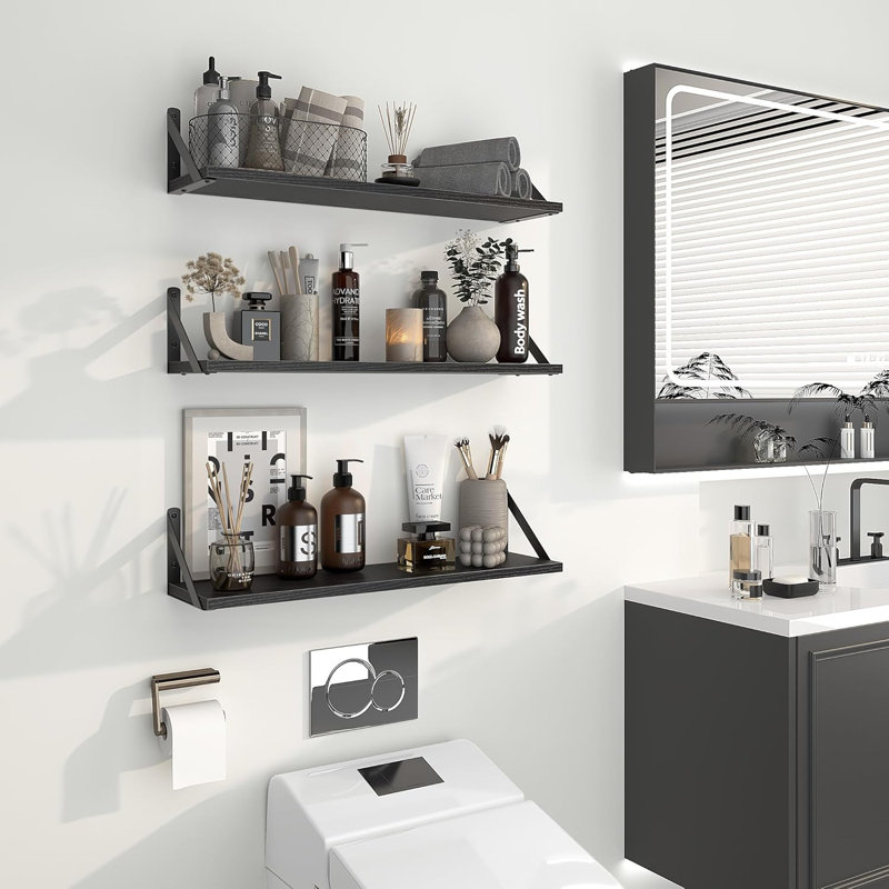 Floating Shelves Set Of 3,  Wall Mounted Shelves For Bathroom Bedroom Kitchen, Rustic Wood Hanging Shelves With Heavy Duty Brackets, Space Saving Storage Solution