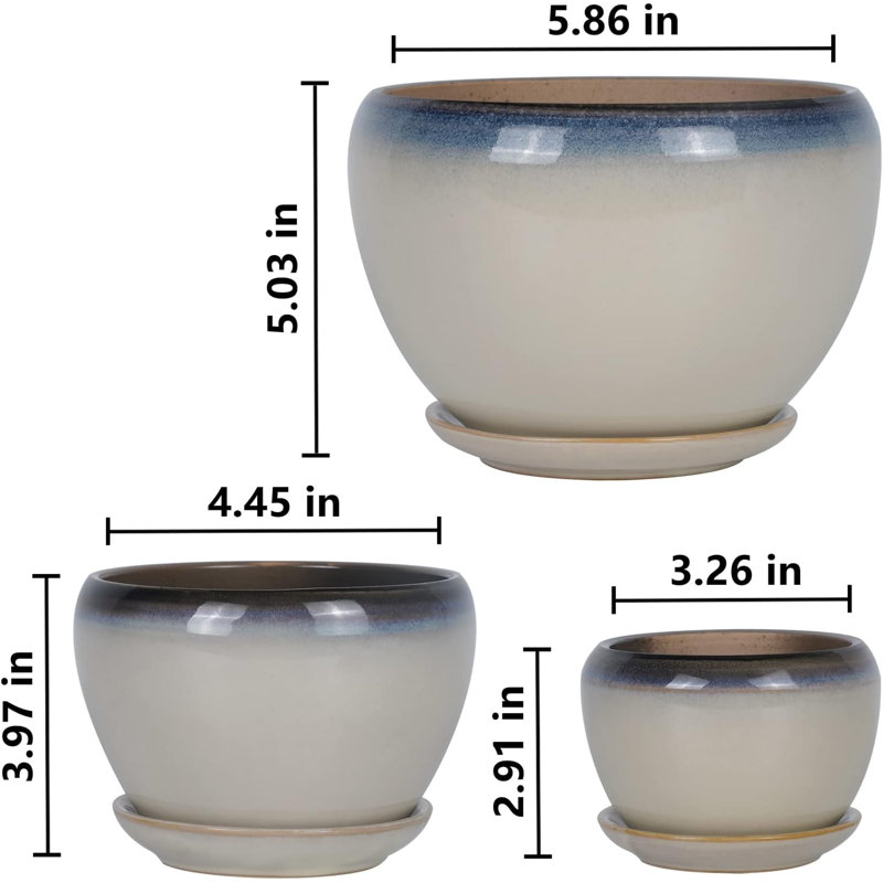 Ensemble de 3 jardinières en céramique brune avec drainage et soucoupes attachées