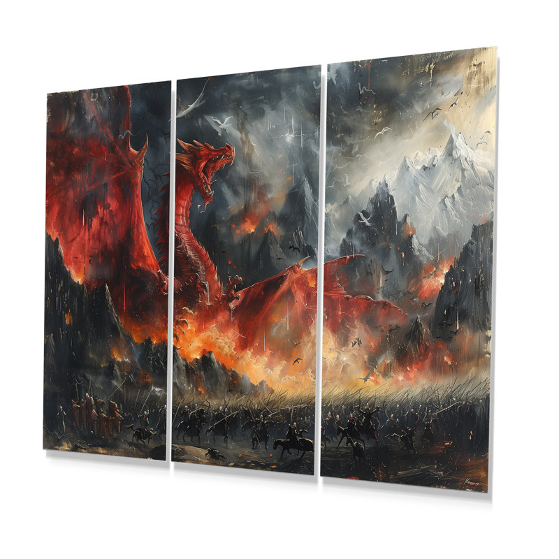 Bataille épique entre les dragons et les militaires III - ensemble d'art mural Dragons, Métal métal