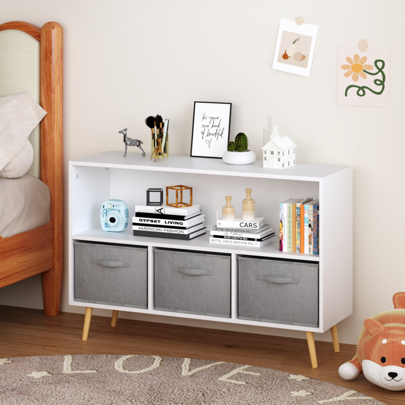 Kids bookcase with Collapsible Fabric Drawers Children's Book Display Toy Storage Cabinet Organizer, White/Gray