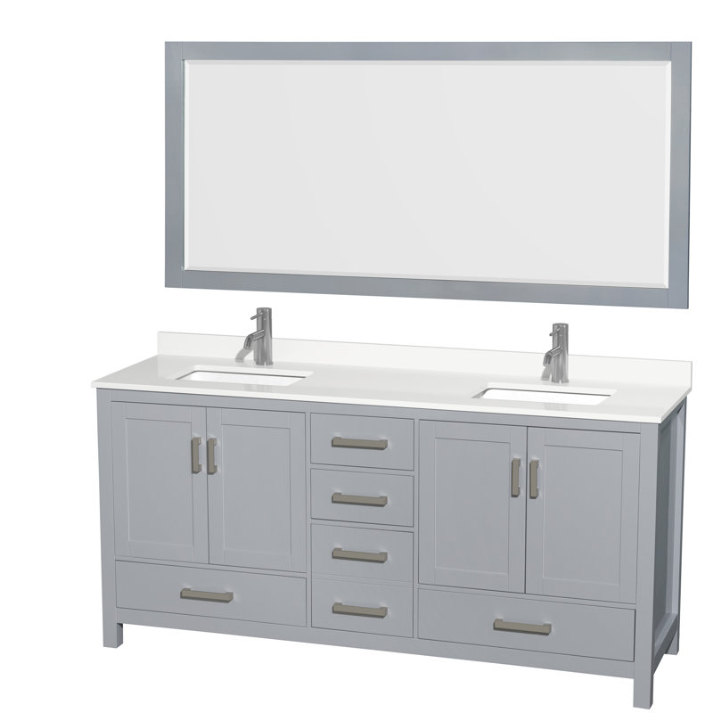 Meuble-lavabo double 72 po avec plateau en quartz et miroir Sheffield, Quartz blanc, Vert, Nickel brossé
