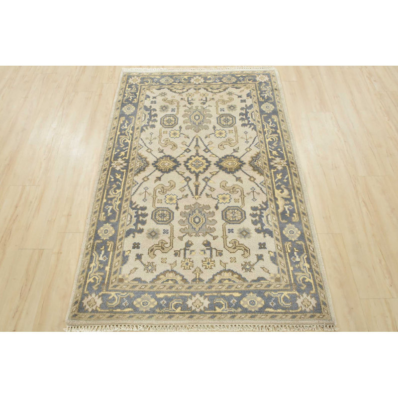 Tapis jaune / gris en laine noué à la main de conception unique 3 pi 11 po x 6 pi 1 po