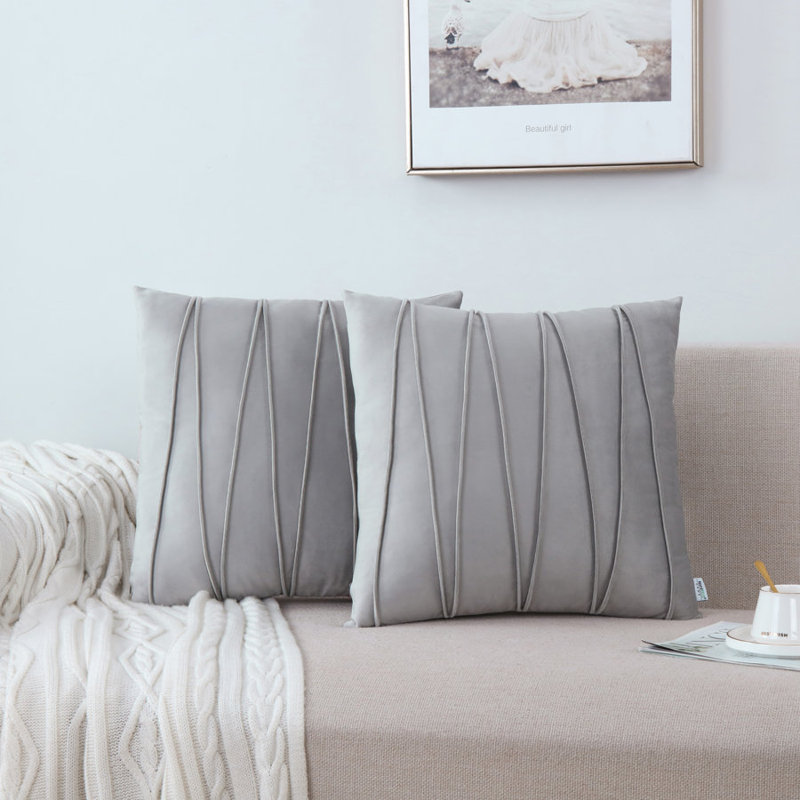 Pleated Square Polyester Velvet Pillow Cover, 18" W x 18" L, Grey