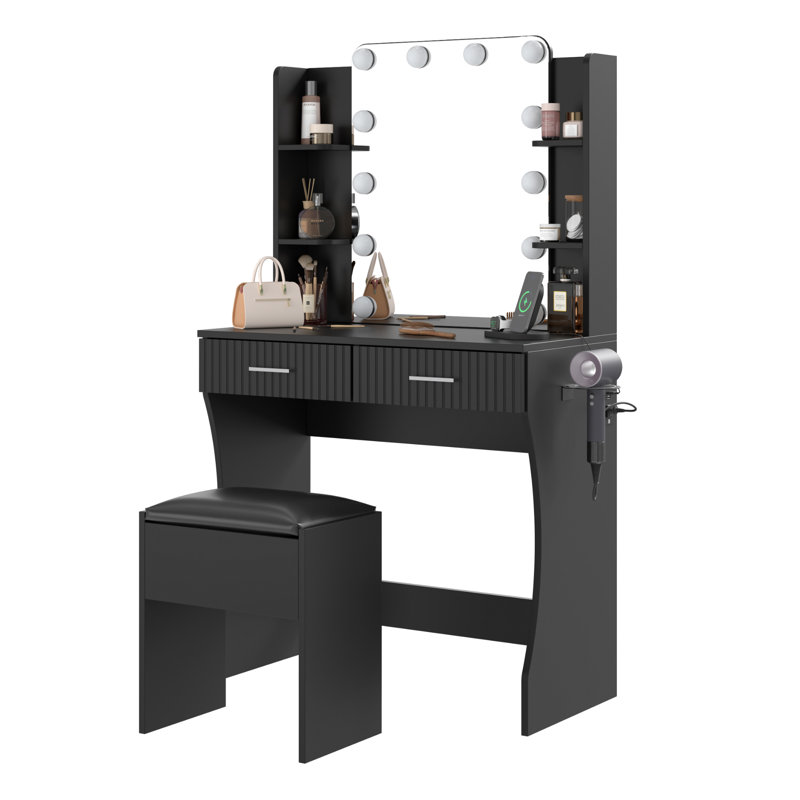 Coiffeuse 31 "avec miroir et 2 tiroirs, Noir, noir, noir, noir