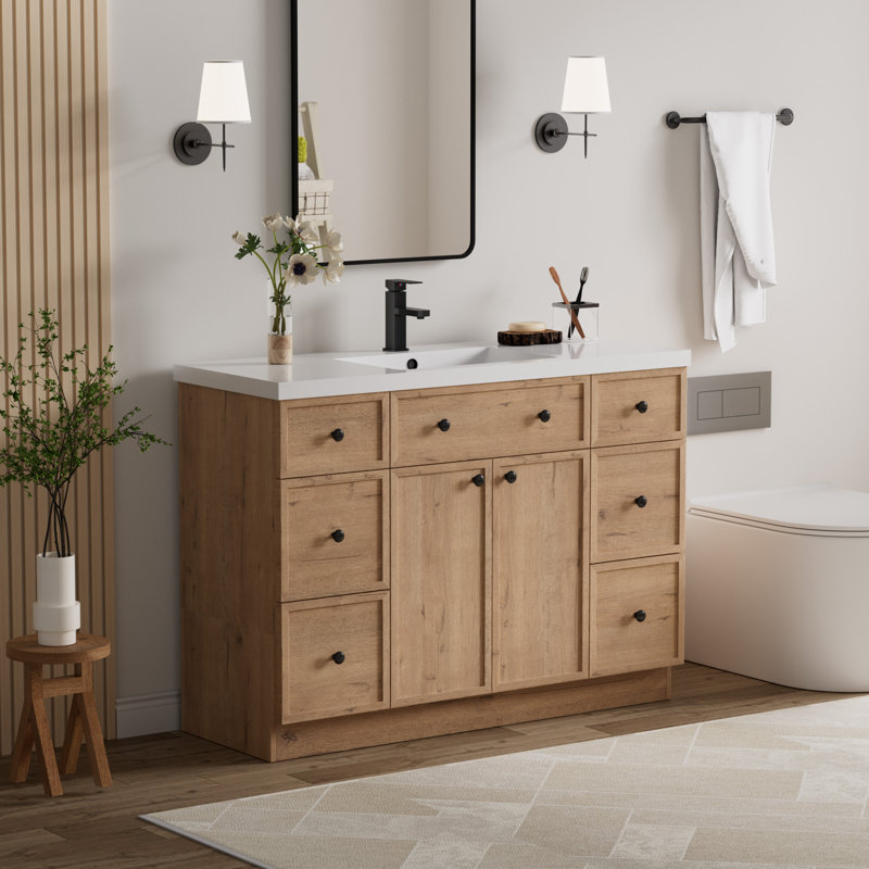 Jadaya 48 Inch Single Sink Bathroom Vanity Set With Resin Sink Top, Assembly Required, Oak