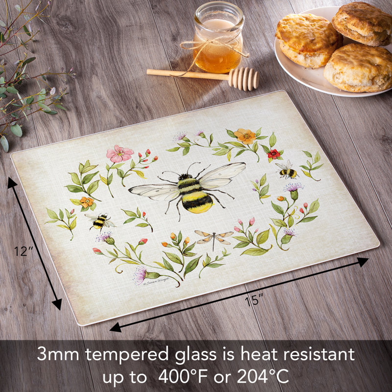 Bee Wreath Rectangular Tempered Glass Cutting Board 15" x 12"