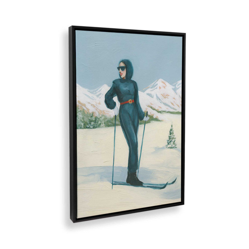 «Skiing Sœurs I» par Grace Popp, reproduction d'art sur toile, H 18 po x l 12 po, Cadre flottant sans passe-partout, Noir
