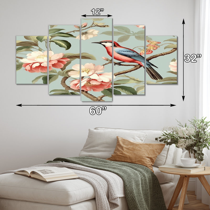 Ensemble de 5 décorations murales oiseaux bruns sur arbres floraux en métal