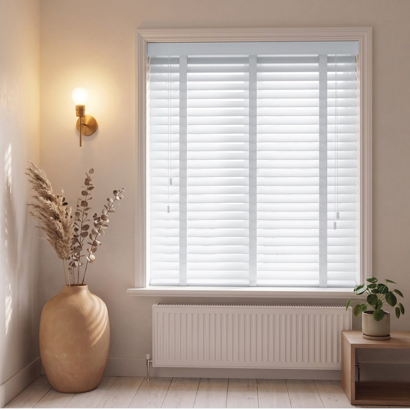 Faux Wood Venetian Blinds with Fabric Tape, Moisture-Resistant Horizontal Slats & Cord Control for Windows, White