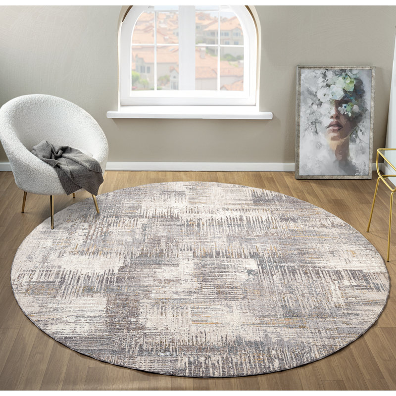 Toile Mayflower - Tapis abstrait texturé gris moderne, Rond 7 pi 11 po