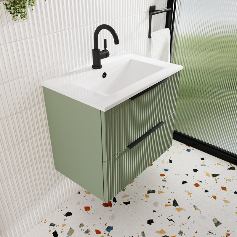 Fluted 500mm Single Bathroom Vanity with Drop In Vitreous China Basin, Satin Green