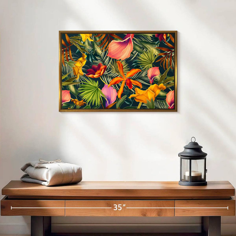 Floral tropical, 19 po x 13 po, Cadre flottant doré