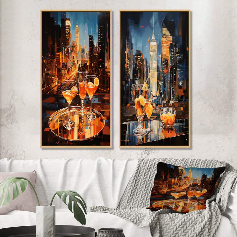 Manhattan Metropolis Cocktail - ensemble de 2 reproductions d'art sur toile, Encadrement brun, H 32 po x l 33 po