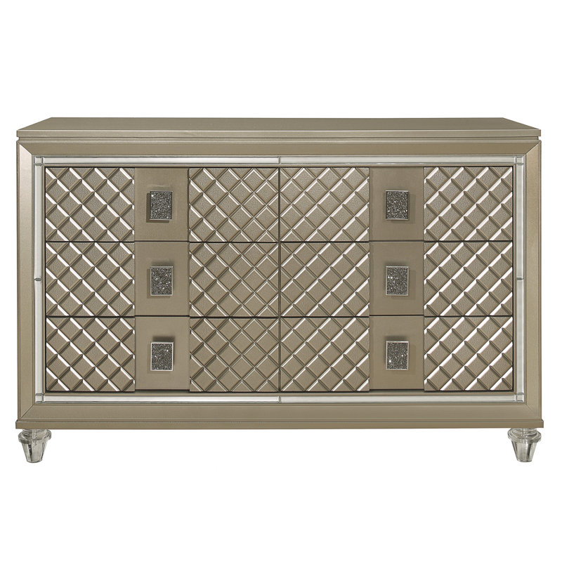 Finition champagne glamour 1 pièce commode de 6 tiroirs pieds en acrylique de luxe avec garniture de miroir biseauté