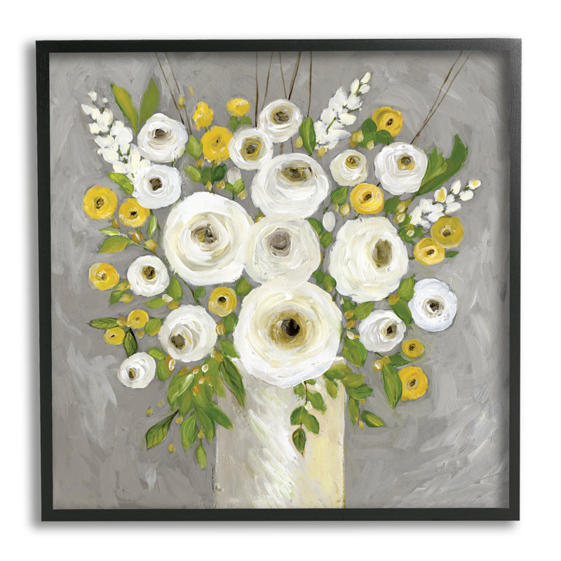 Abstrait, bouquet de fleurs de renoncule, fleurs de campagne jaunes et blanches, encadré et estampe numérique par Stephanie Workman Marrott