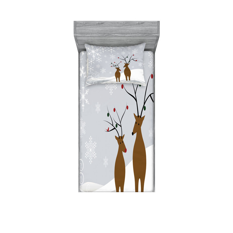 Drap-housse et coussin décoratif Ambesonne Christmas brun pâle gris blanc, Ensemble de draps pour lit simple + 3 pièces supp