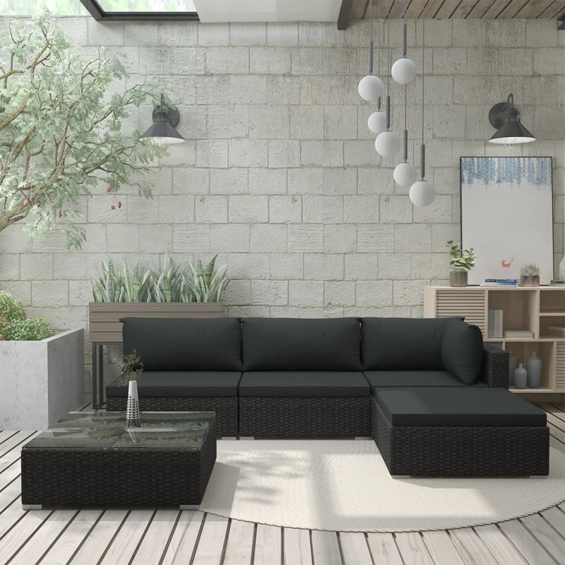 Planada 5 Piece Sectional with Cushions, Black Frame/Black Cushion
