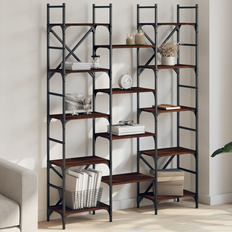 Aadrika 172.5cm H x 127.5cm W Steel Etagere Bookcase, Brown Oak/Grey