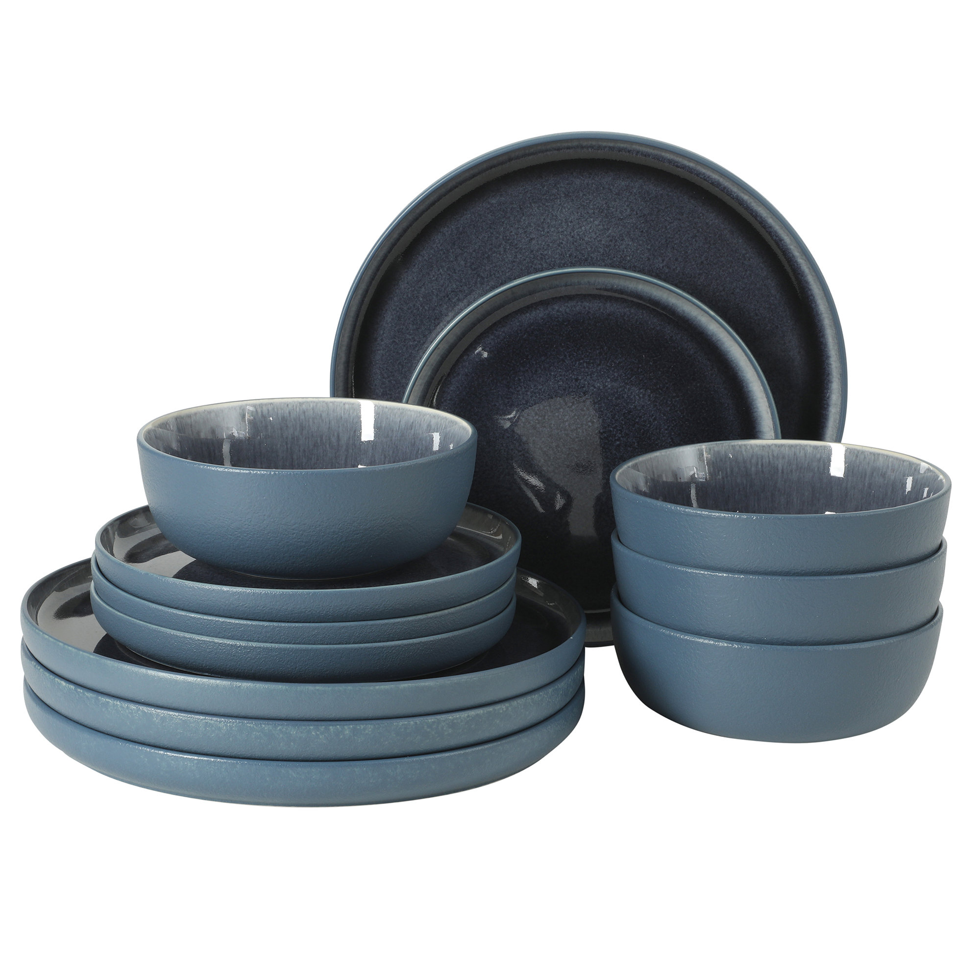 Gibson Elite Tahoe Sunset 12 Piece Stoneware Reactive Glaze (Service for 4) Ceramic Plates and Bowls Dinnerware Set, Blue