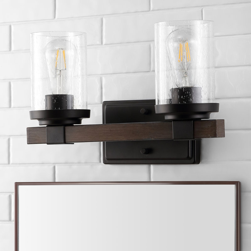 Borth Iron/Seeded Glass Rustic Farmhouse LED Vanity Light, 2 Lights, Matte Black/Dark Brown