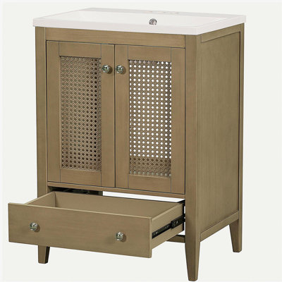 Meuble-lavabo de 24 po avec lavabo en céramique, armoire de rangement en osier avec deux portes et tiroirs, structure solide, naturel