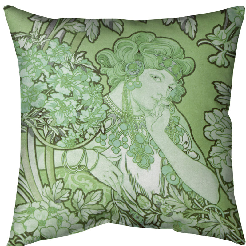 Coussin Alfons Mucha, 16 po x 1 po, Vert, Sergé de coton