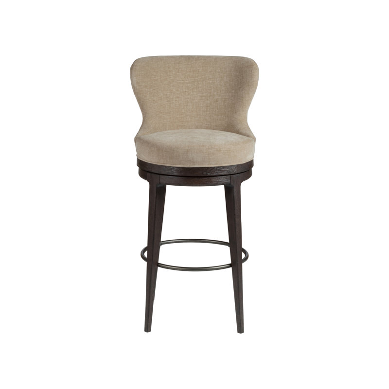 Beige and Brown Wood Swivel Bar Stool with Metal Footrest