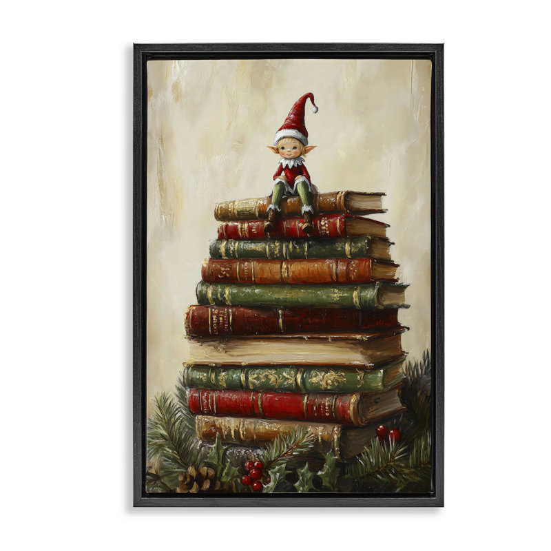 Christmas Elf Bookstack Floating Frame, design by Petal Prints Design, 31" H x 21" W, Jet Black Floater Frame