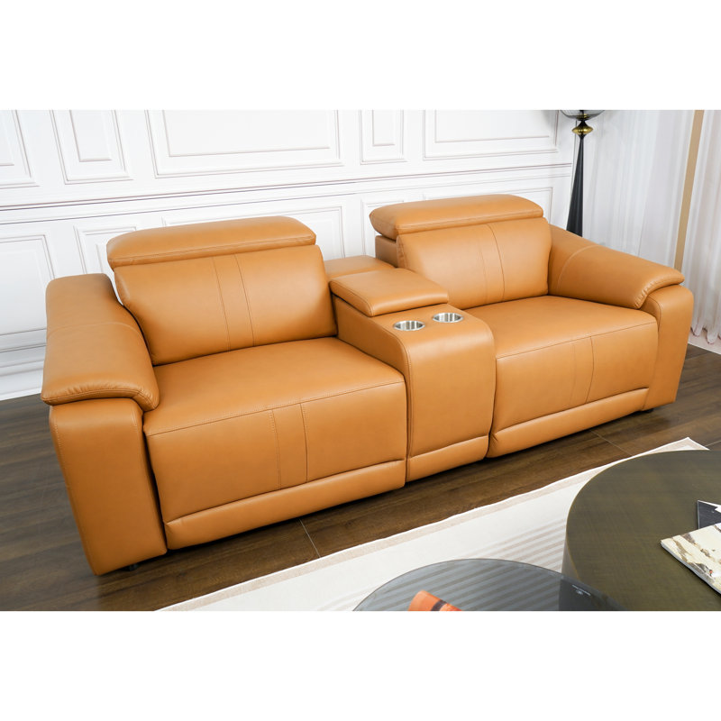 Brown 3 Modular Leather With 2 Cup Holders And Electric Recliner, Comfortable Sectional For Living Room, Modern Design Small Spaces, Breathable High Sponge, Built-in Storage Design,