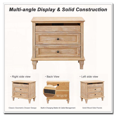 Wood Nightstand with Charging Station & 3 Drawers