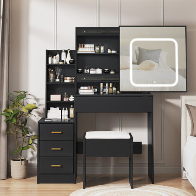 Meuble-lavabo moderne avec miroir lumineux coulissant, 4 tiroirs, tablette ouverte, prise de courant encastrée, tabouret rembourré