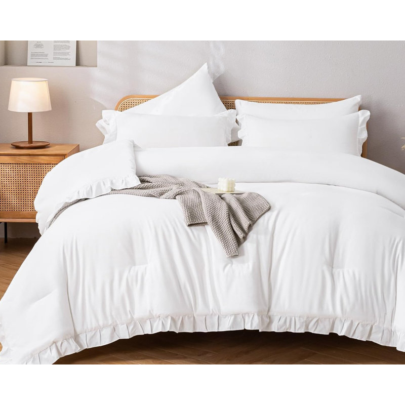 The Set Ruffle Comforter with 1 Pillowcase Soft Twin Size, White, Twin Comforter + 2 Pillowcases