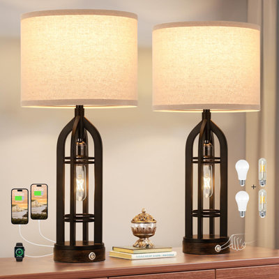 Table Lamp for Living Room - Lamps Set of 2 with USB C+A & Outlet, 3-Way Dimmable Farmhouse Lamps for Night Stands, Rustic Bedside Lamp for End Tables, Industrial Nightstand Lamps for Bedroom