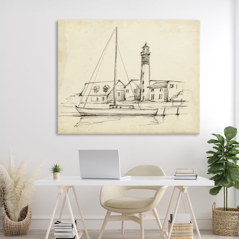 Phare et bateau, toile par Ethan Harper, H 36 po x l 48 po