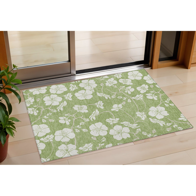 3' X 5' Artichoke Green And Ivory Floral Washable Indoor Outdoor Area Rug