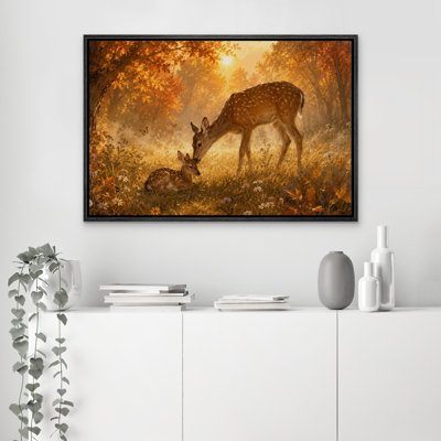 Deer Family Autumn Forest Wildlife Nature Artwork Wall Art Decor Framed On Canvas Print