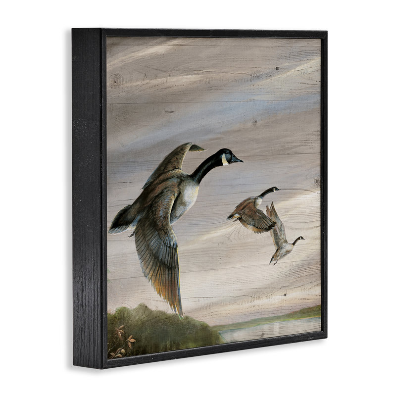Oies en vol au-dessus d'une giclée encadrée rustique, design par Ruane Manning, Giclée encadrée noir minuit