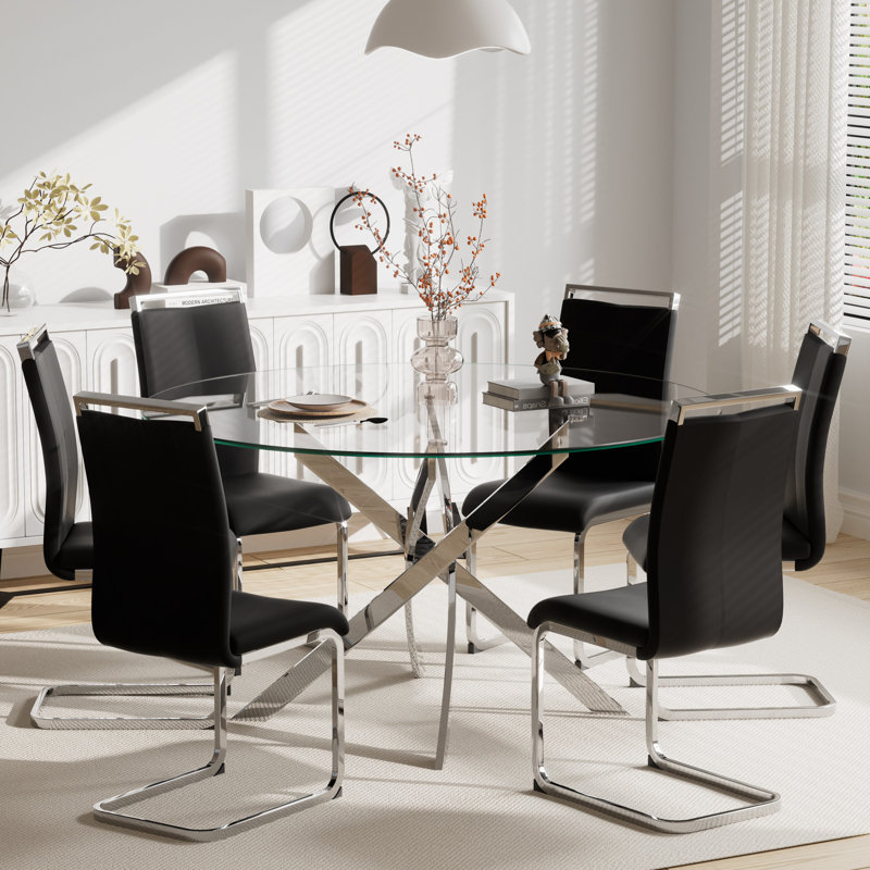 Ensemble de table de salle à manger 7 pièces, table ronde en verre trempé de 47 pouces et 6 chaises de salle à manger rembourrées.