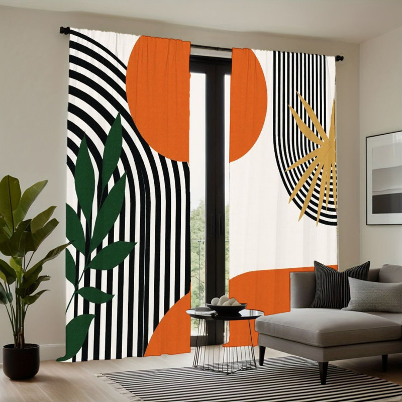 2Pcs Abstract Geometric Orange Black Stripes Leaves Curtains, Modern Minimalist Style, Light Filtering, Decorative for Living Room Bedroom Balcony Window Decor