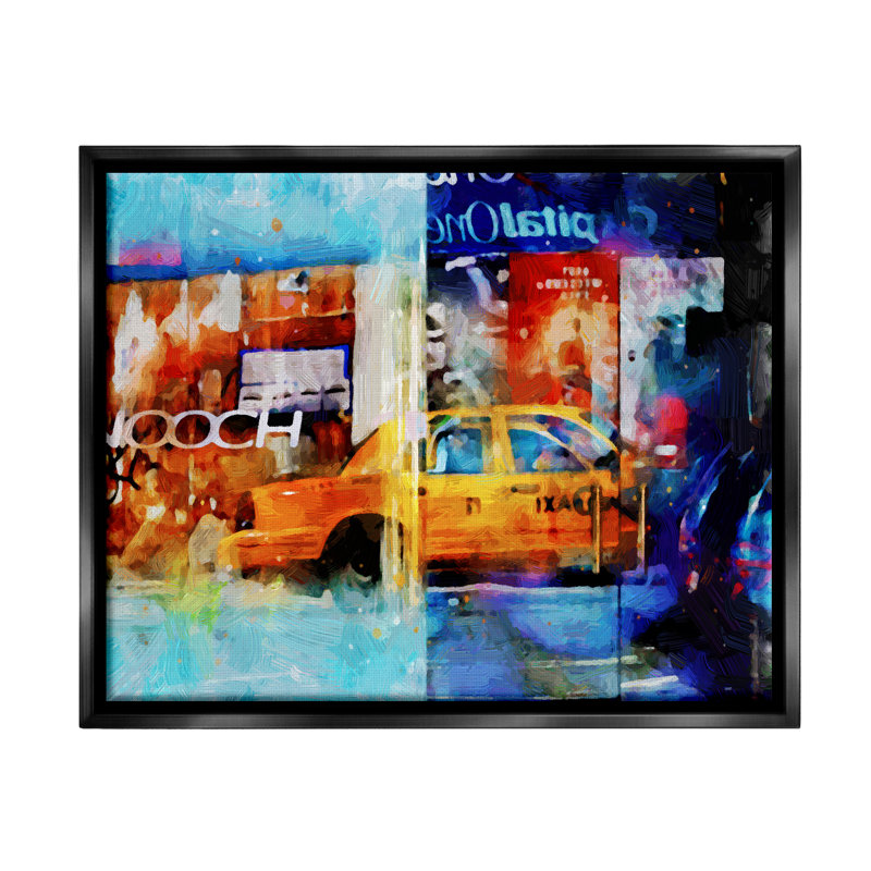 Impression moderne sur un collage de taxis sur bois, H 17 po x l 21 po x P 1,7 po, Cadre flottant noir de jais